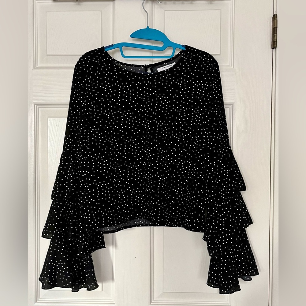 Glamorous Black & White Polka Dot Layered & Ruffled Long-Sleeve Blouse Size 14